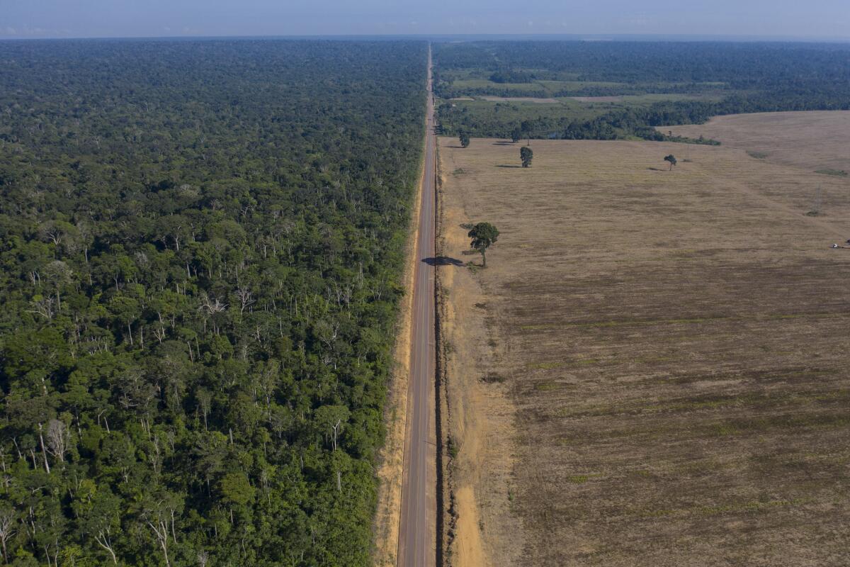 FILE - In this Nov. 25, 2019 file photo, highway BR-163 stretches between the Tapajos National Forest, left, and a soy field in Belterra, Para state, Brazil. At the U.S.-led climate summit on April 22, 2021, Brazil's President Jair Bolsonaro shifted his tone on Amazon preservation and exhibited willingness to step up commitment, even though many critics remain doubtful of his credibility. (AP Photo/Leo Correa, File)
