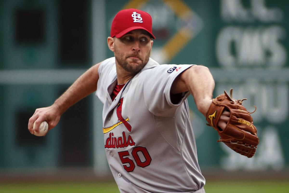 St. Louis Cardinals pitcher Adam Wainwright (50) appears in relief during the eighth inning of a game against the Pittsburgh Pirates on Sept. 20.