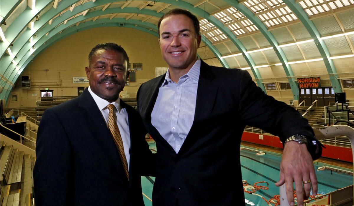 Principal Carter Paysinger, left, and Andrew Kline at the Beverly Hills High swim gymnasium.