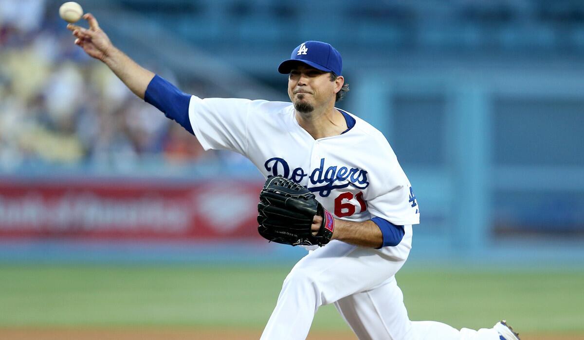 Dodgers starting pitcher Josh Beckett gave up two runs and five hits to the Pirates on Friday night. He walked one and struck out five.