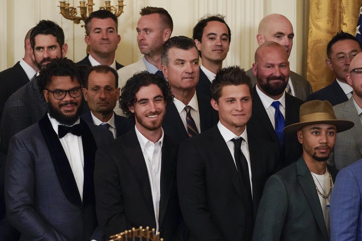Dodgers players and staff look on during the team's visit to the White House on Friday.