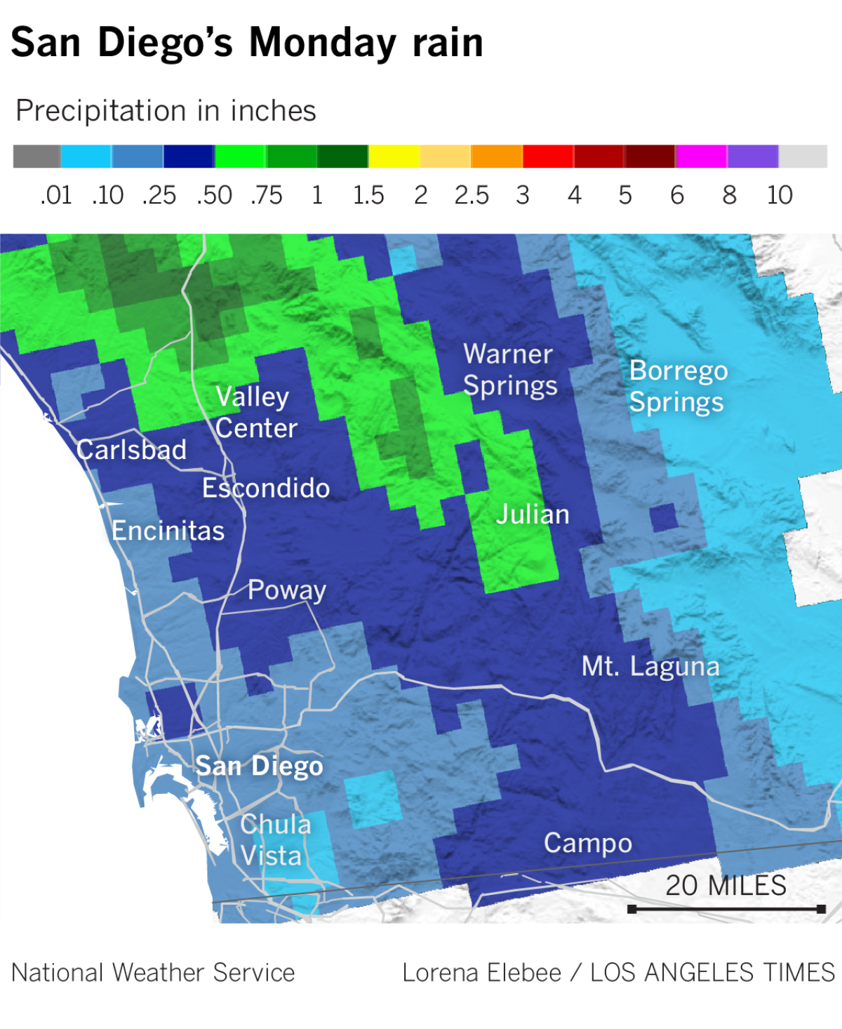 Map shows where rainfall over San Diego County from Monday.