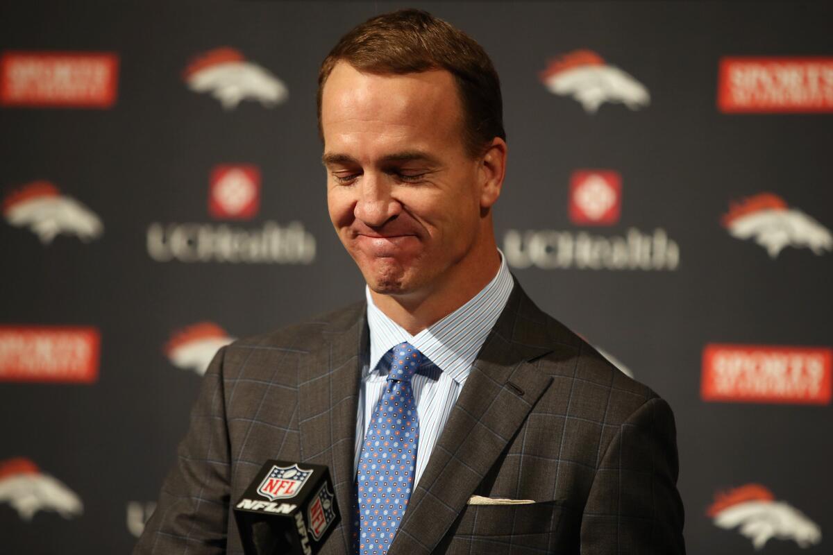 Peyton Manning makes his retirement speech at Broncos headquarters on March 7.