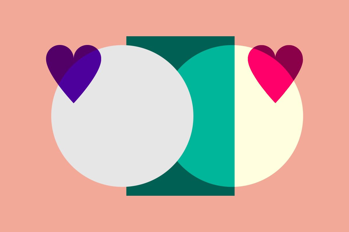 An abstract illustration showing one purple heart, one pink heart, two white circles and a green rectangle.