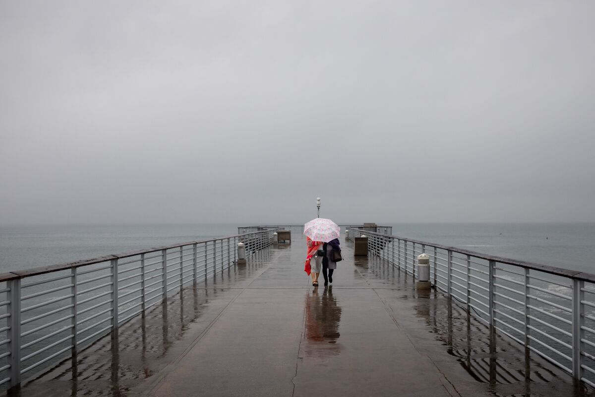 Two women share an umbrella while walking along the Hermosa Beach Pier