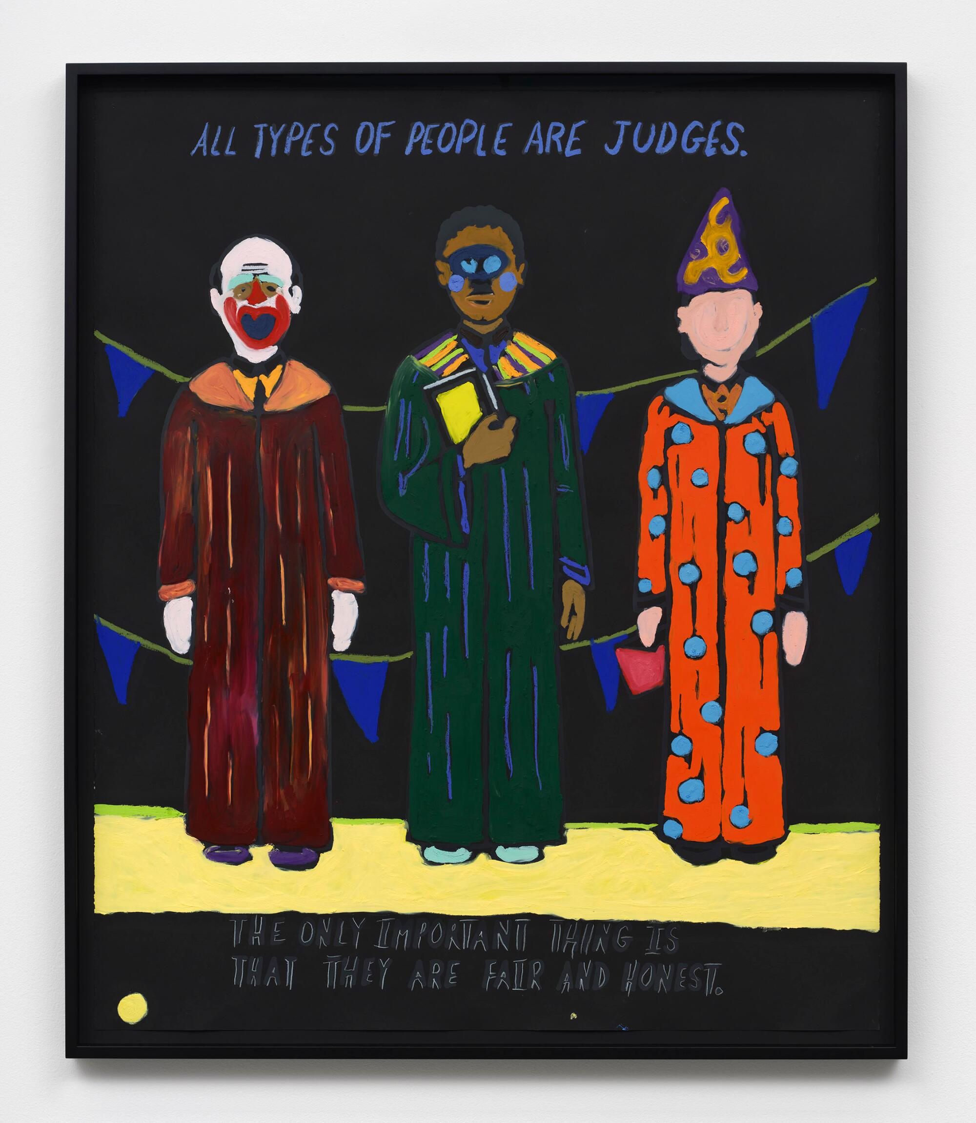 Three cartoonish figures in robes on a dark background in an artwork