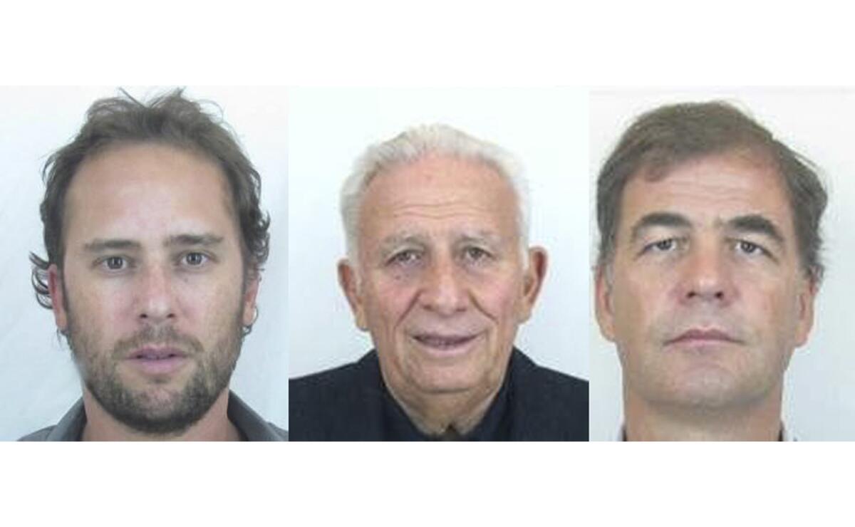 Imagen de las fotos divulgadas por la Interpol de los empresarios Mariano Jinkis, izquierda, Hugo Jinkis, centro, y Alejandro Burzaco. La Interpol incluyó a los tres en la lista de más buscados el miércoles, 3 de junio de 2015, por sus vínculos con el escándalo de sobornos en la FIFA. (Interpol via AP)