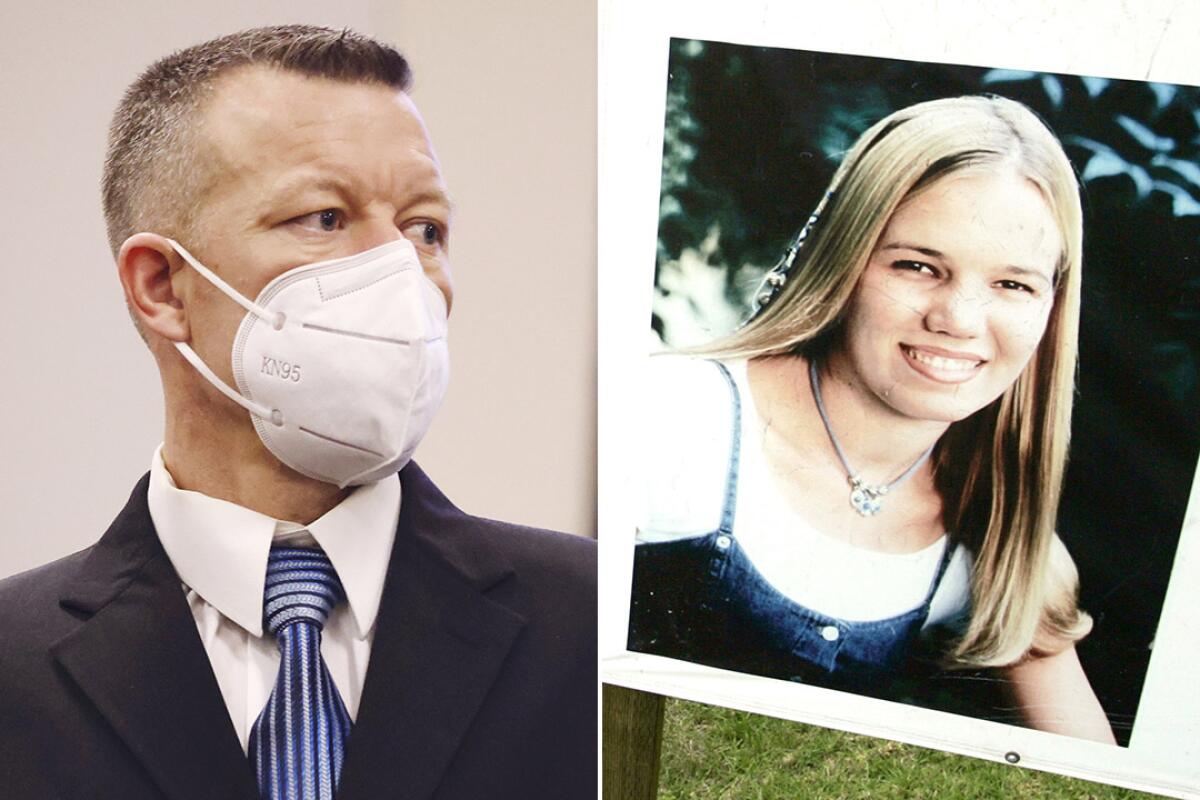 A closeup of a man in a suit, tie and protective mask, next to a photo of a poster showing a young woman with long hair.