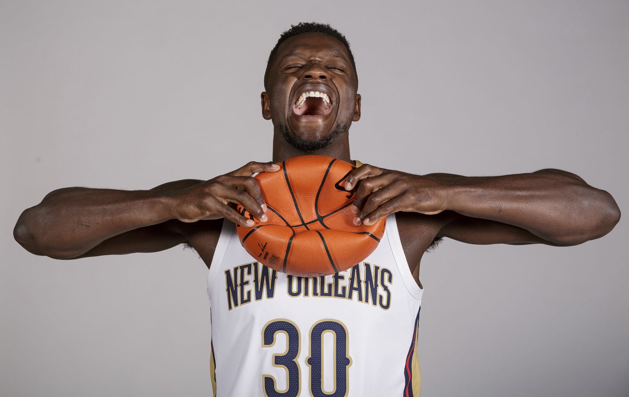 Pelicans forward Julius Randle poses for a photograph during media day in 2018.