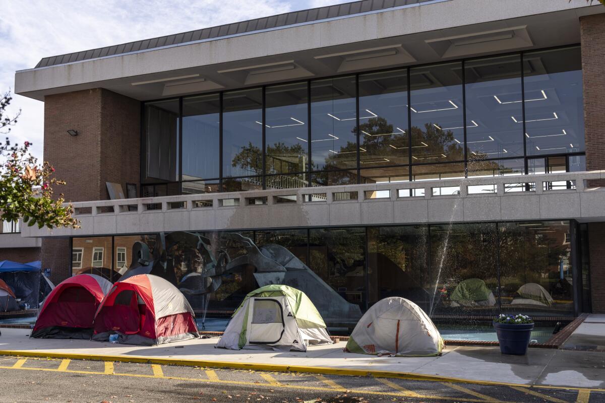 Tents are set up near the Blackburn University Center as students protest poor housing conditions at Howard University