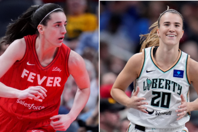 Caitlin Clark, left, and Sabrina Ionescu are shown in a split-screen image.