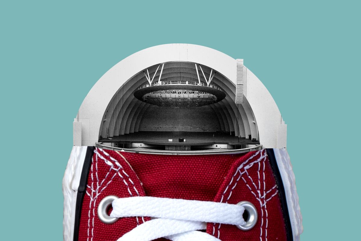 Photoillustration of the Hollywood Bowl shell as the toes of a sneaker.