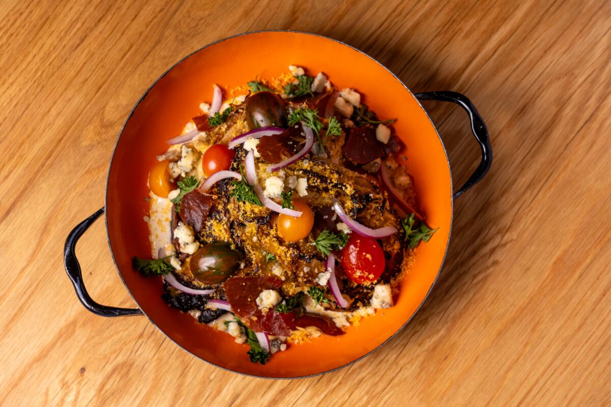 Grilled cabbage stands in for lettuce in a play on the Cobb salad.