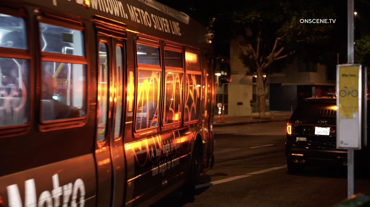 A Metro bus was tagged during a street takeover in downtown Los Angeles early Monday.
