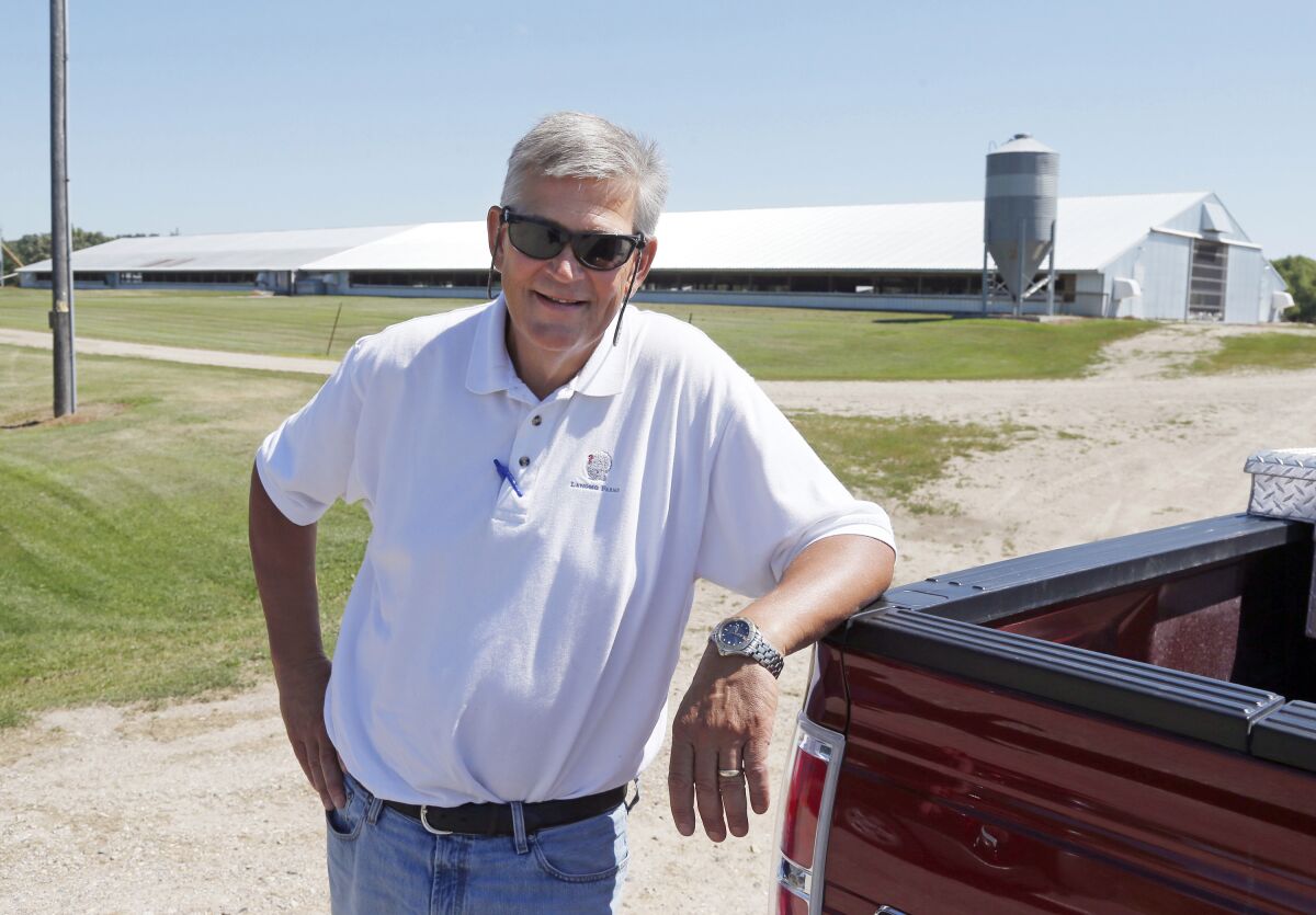 Greg Langmo leans on a pickup truck outside a turkey farm.