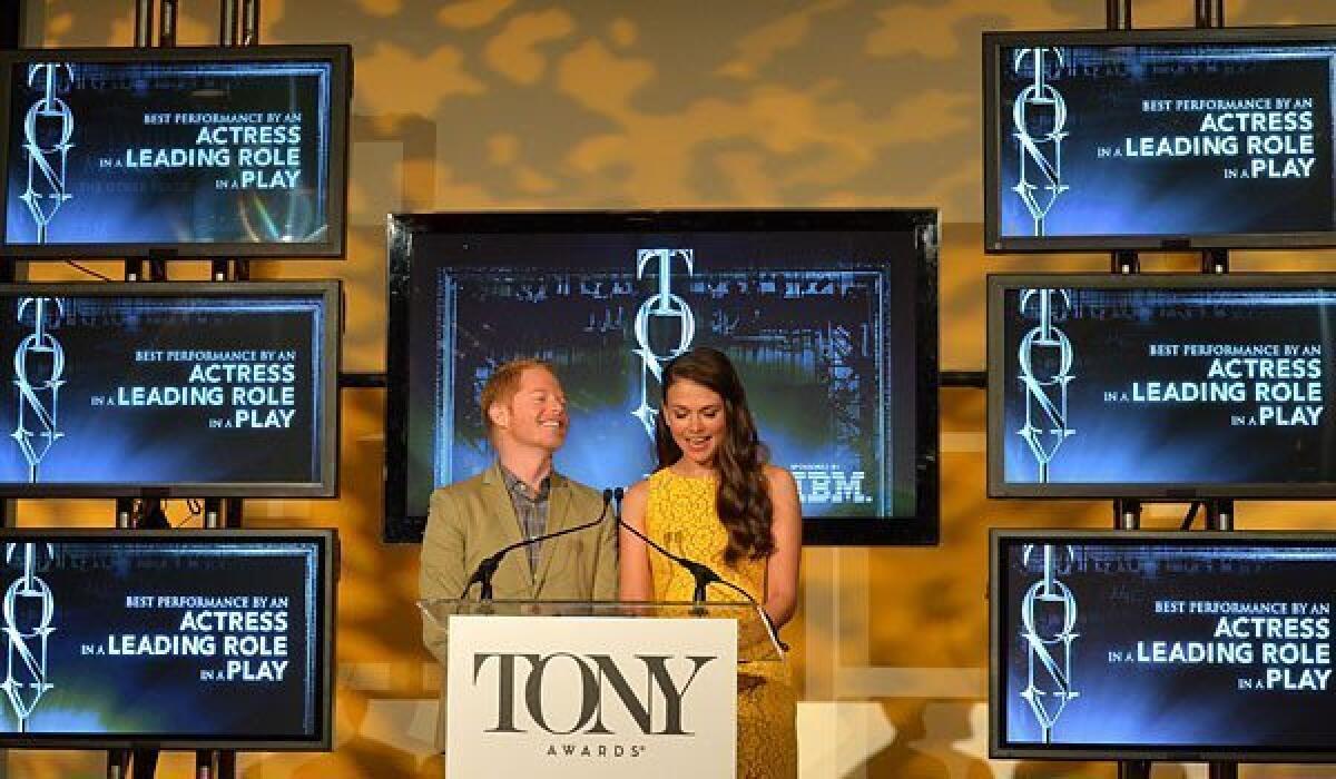 Actors Jesse Tyler Ferguson and Sutton Foster during the 2013 Tony Awards Nominations Ceremony.