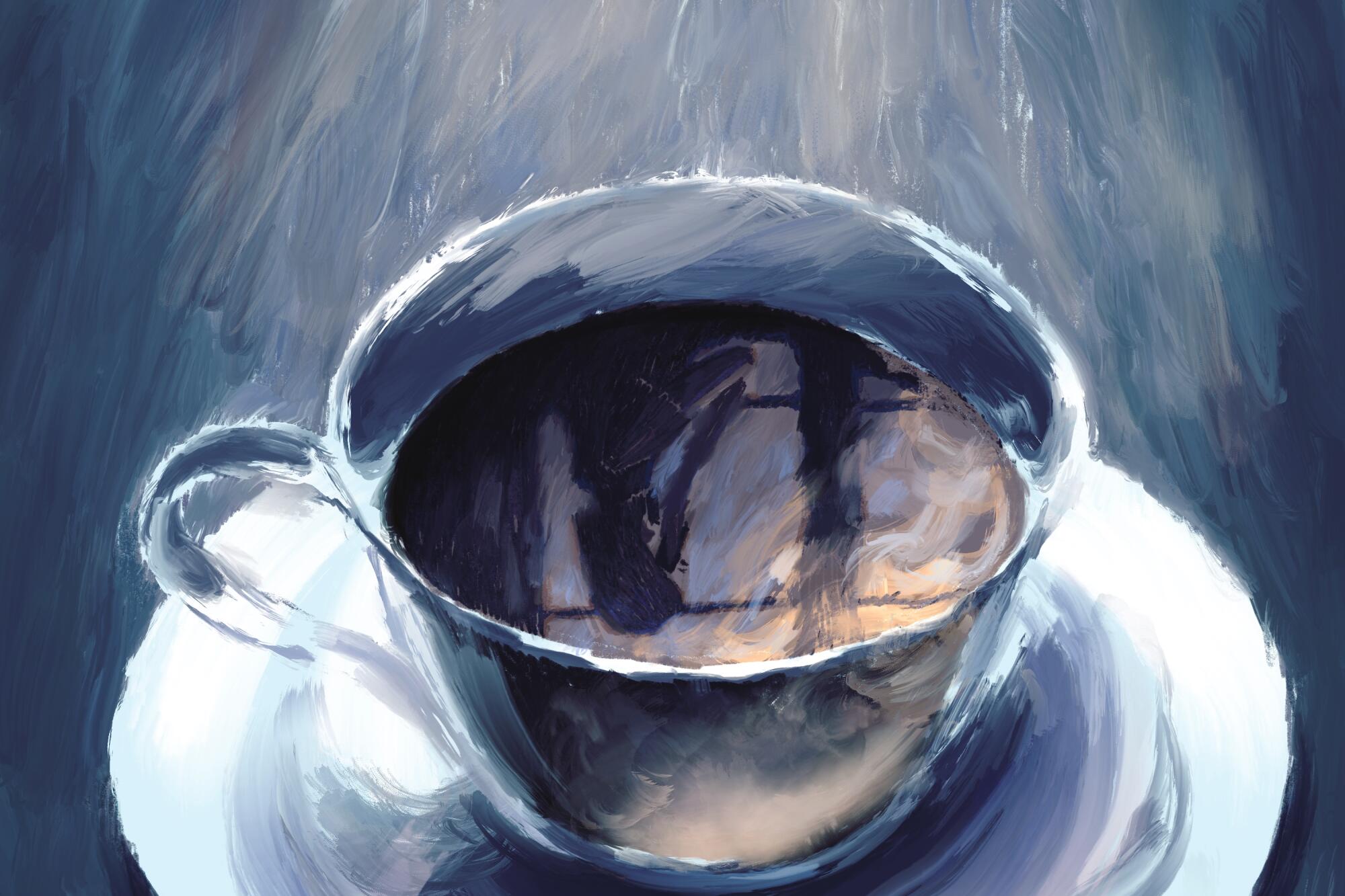 Close up illustration of a teacup that shows the reflection of a woman on the phone looking out the window.