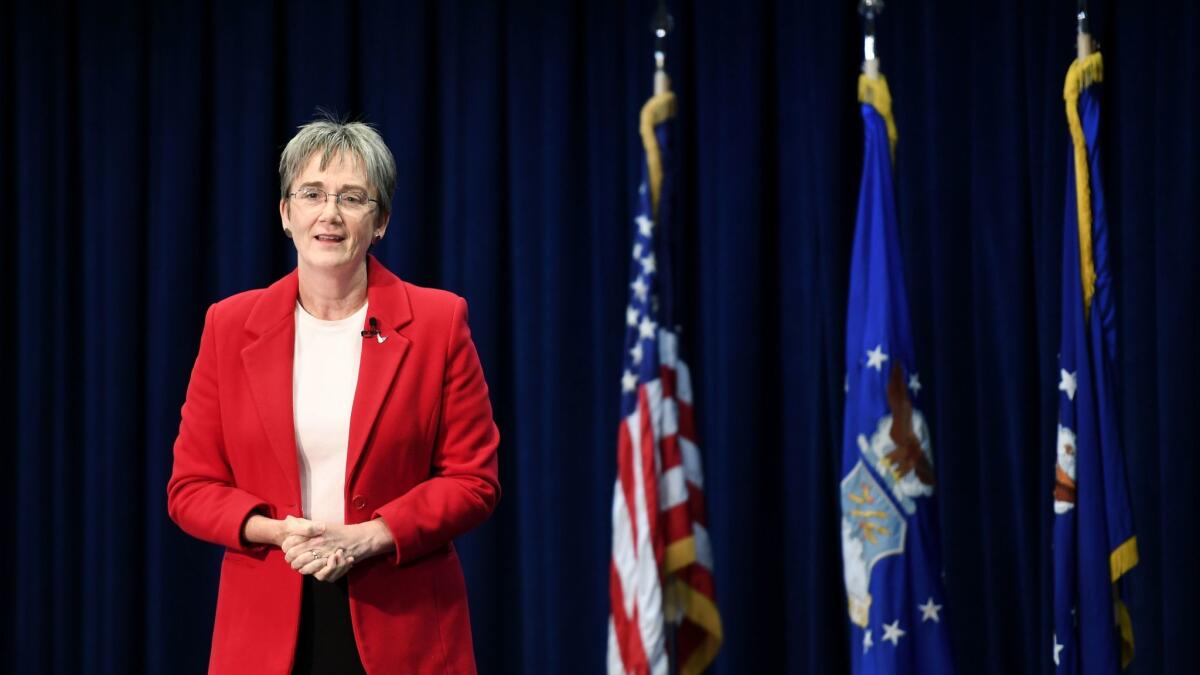 Air Force Secretary Heather Wilson speaks at the Los Angeles Air Force Base in El Segundo.