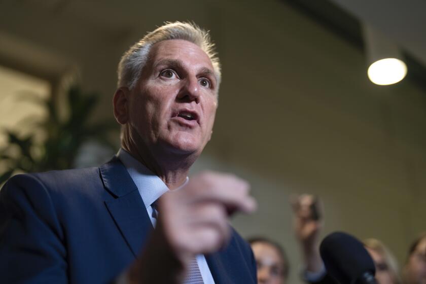 Speaker of the House Kevin McCarthy, R-Calif., briefs reporters following a closed-door Republican Conference meeting on how to agree on a path to funding the government, at the Capitol in Washington, Tuesday, Sept. 19, 2023. (AP Photo/J. Scott Applewhite)
