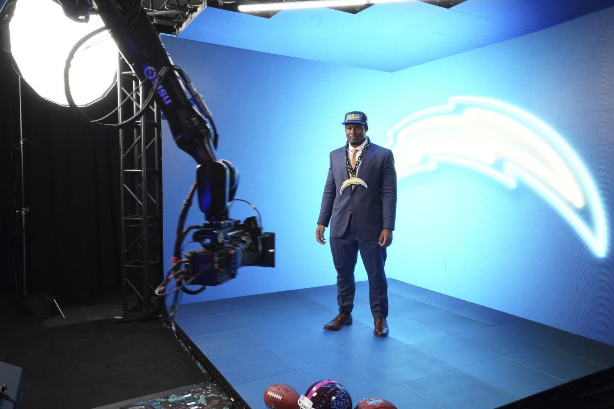 Boston College's Zion Johnson in the media room after he was chosen by the Chargers.