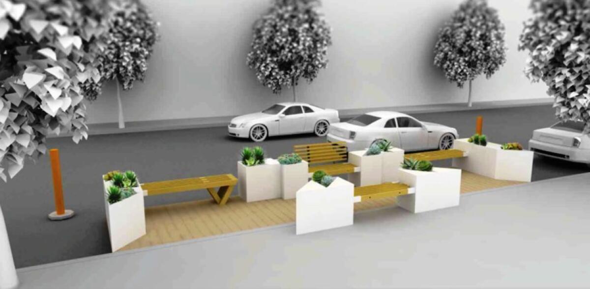 The parklet design includes places to sit and work and would be handicap accessible. This version is meant as a prototype that can be moved from place to place to test the best locations and reaction from nearby businesses and users. — Downtown San Diego Partnership