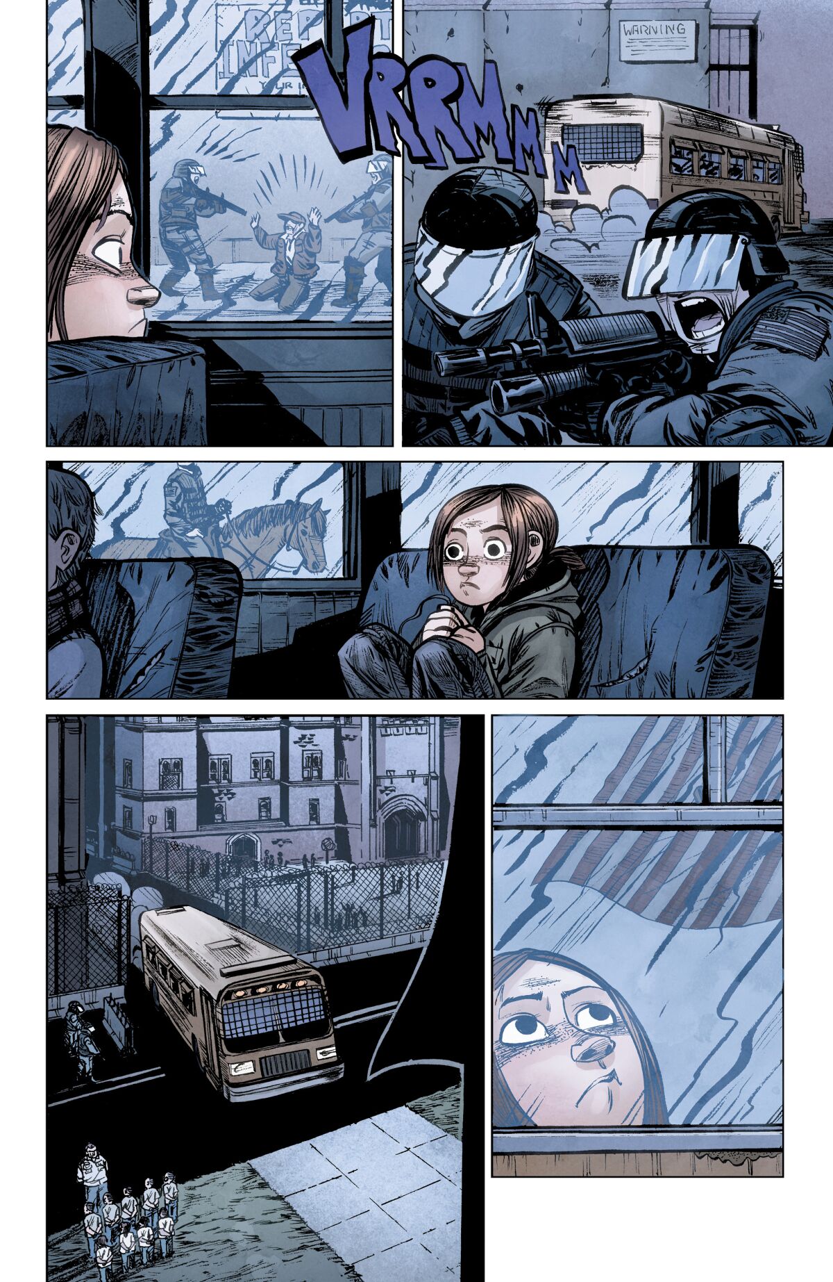 A comic book page showing a young girl on a school bus headed to a military school