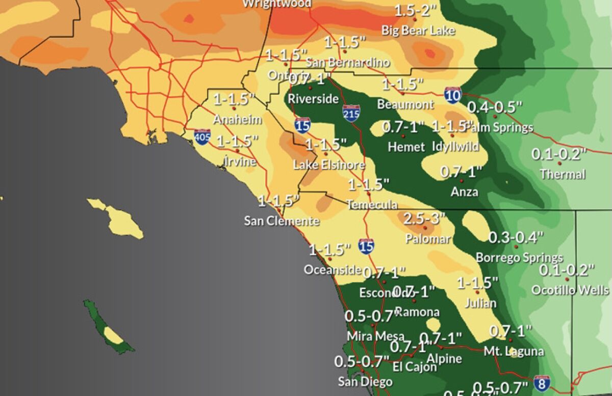 Rainfall totals will vary across San Diego County on Thursday.