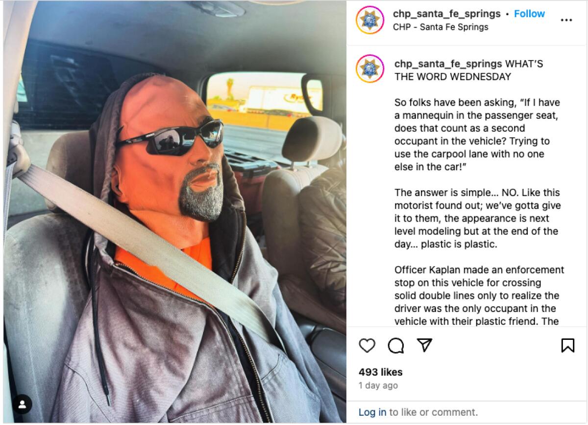 An elaborate mannequin with sweatshirt, sunglasses and goatee and wearing a seat belt in a car's passenger seat