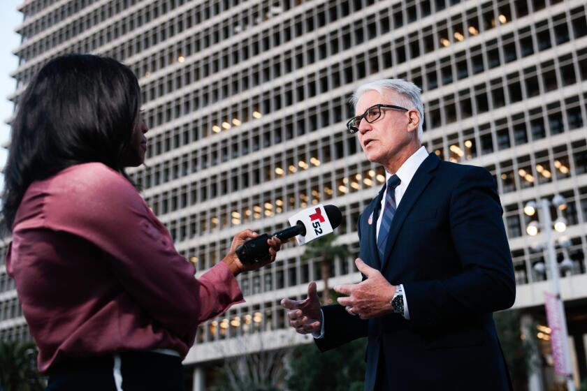 Los Angeles, CA - March 05: Los Angeles County district attorney George Gascon meets with media in Grand Park on Tuesday, March 5, 2024 in Los Angeles, CA. (Myung Chun / Los Angeles Times)