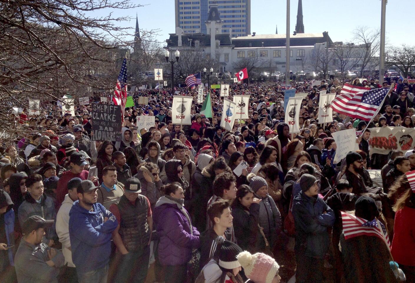 Thousands of Wisconsin activists gathered in Milwaukee's predominantly Hispanic South Side to protest the sheriff's plans to crack down on illegal immigration Feb. 13, 2017. The demonstrators, who have gathered from at least 12 cities across the state, say are opposed to Milwaukee County Sheriff David Clarke's plan to enroll his deputies in a federal program that allows them to act as immigration agents. (AP Photo by Gretchen Ehlke)