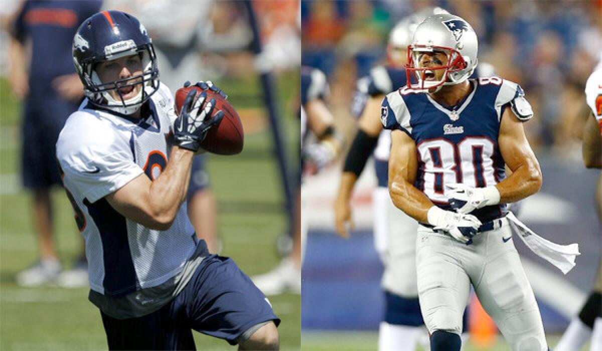 Denver Broncos wide receiver Wes Welker, left, and New England Patriots wideout Danny Amendola, right, are new faces on teams slated to make a run at the playoffs.