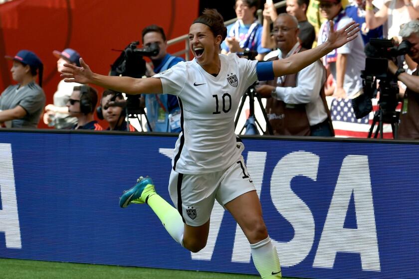 VANCOUVER, BC - JULY 05: Carli Lloyd #10 of the United States celebrates her second goal in the first half against Japan in the FIFA Women's World Cup Canada 2015 Final at BC Place Stadium on July 5, 2015 in Vancouver, Canada. (Photo by Rich Lam/Getty Images) ORG XMIT: 528453647