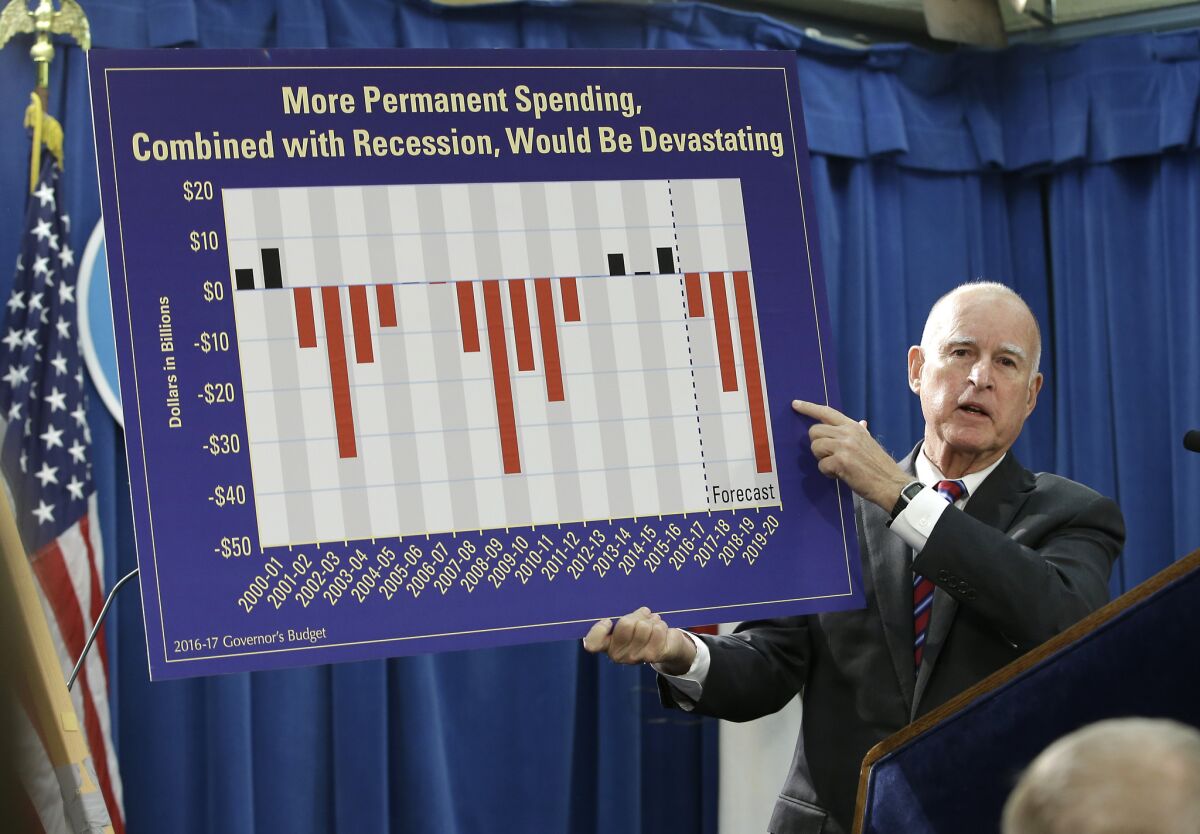 Gov. Jerry Brown gestures to a chart as he discusses his proposed 2016-17 state budget Thursday in Sacramento.