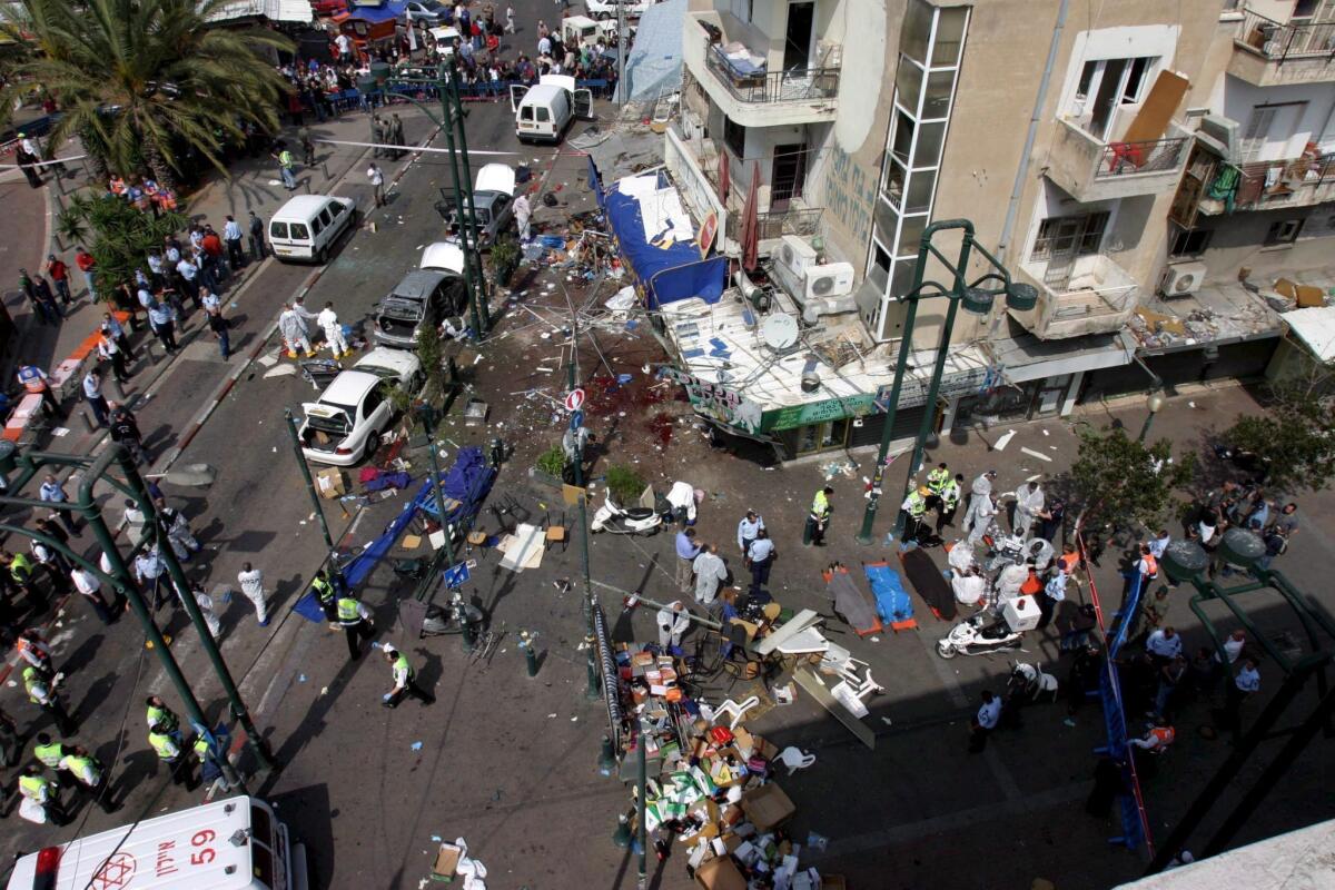 A general view of destruction at the old central bus station in Tel Aviv on April 17, 2006, after a suicide bombing. Among the victims was 16-year-old Daniel Wultz, whose parents have sued the Bank of China for allowing representatives of Islamic Jihad and Hamas to wire funds to terror cells involved in the attack.