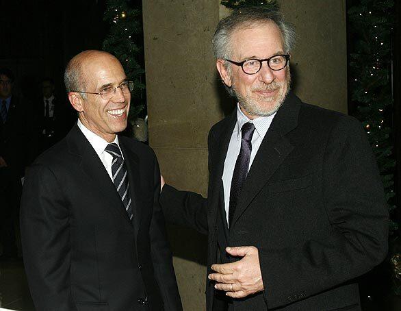 The Anti-Defamation League awarded Steven Spielberg its highest honor, the America's Democratic Legacy Award, at a gala Wednesday at the Beverly Hilton. Colin Powell, Ronald Reagan, Walter Annenberg, Henry Kissinger and John F. Kennedy also have received the award. "We picked him a long time ago, and waited with patience," said ADL's national director Abraham Foxman of Spielberg, at the cocktail reception. Guests included dinner Co-Chairmen Sid Sheinberg, Bruce Ramer, Harold Brown and Jeffrey Katzenberg; DreamWorks partner Stacey Snider and President Jeff Small; ADL national Chairman Robert Sugarman, and ADL's regional board Chairwoman Nicole Mutchnik, director Amanda Susskind and Vice-Chairman Steven Nichols; plus Richard Dreyfuss, Noa Dori and Adam Lambert. Above, producer Jeffrey Katzenberg greets Spielberg as they arrive at the gala.