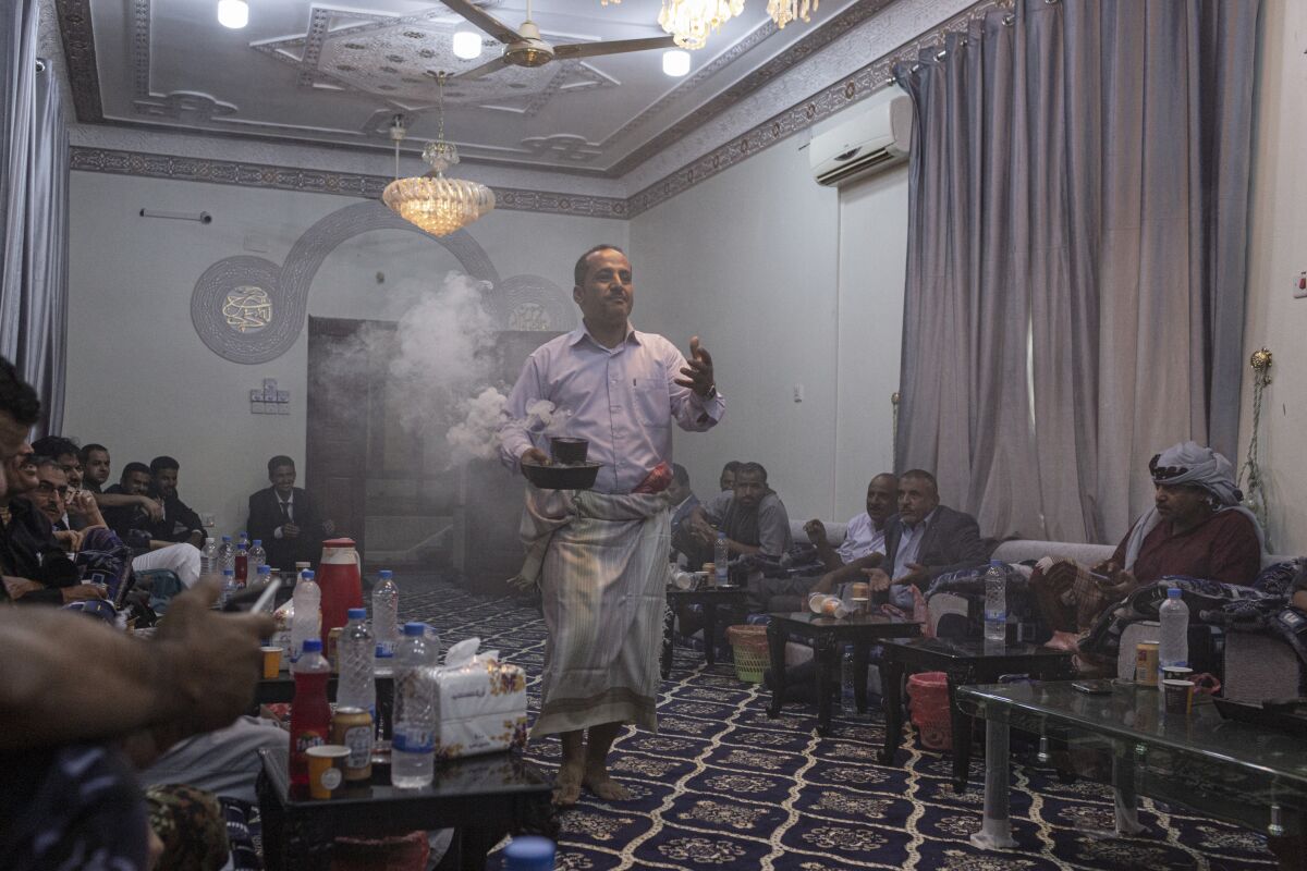 Incense is burned during a khat-chewing session at the residence of the governor of Shabwa province in Yemen.