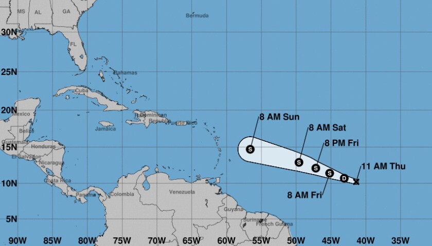 The forecast for Tropical Storm Beryl in the Atlantic Ocean on Thurs., July 5, 2018.