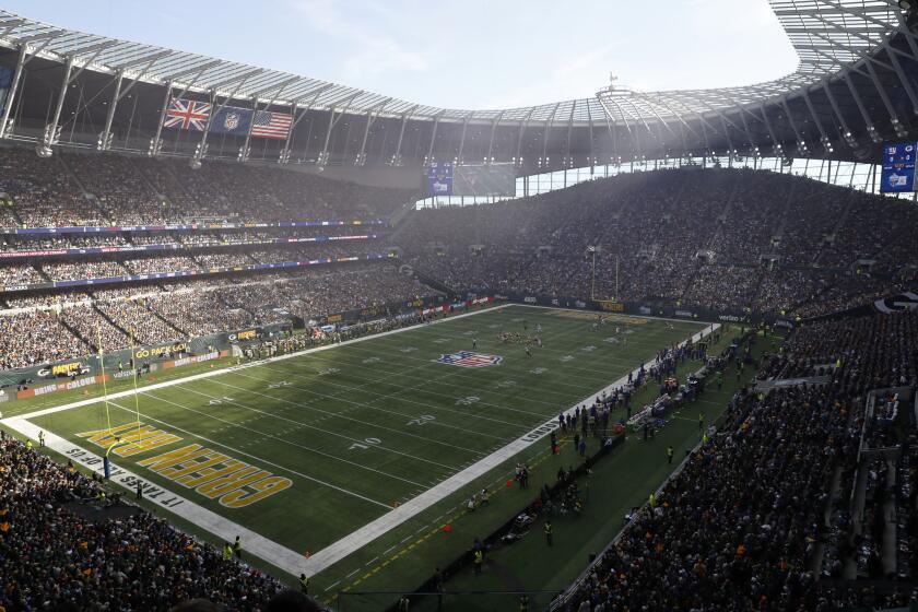 FILE - A general overall interior view as the Green Bay Packers take on the New York Giants during an NFL football game at Tottenham Hotspur Stadium in London, Sunday, Oct. 9, 2022. Spain is a strong contender to be the next international host of a regular-season NFL game and it could happen as soon as 2024. The league is holding five games in Europe this season, with three in London and two in Germany, and has targeted Spain and France as next European destinations as it aggressively tries to expand its international footprint. (AP Photo/Steve Luciano, File)