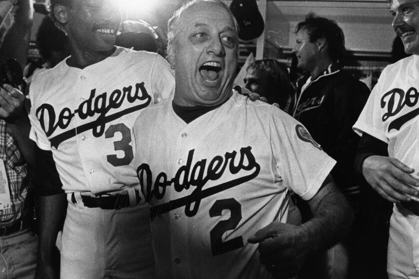 Oct. 11, 1981: Los Angeles Dodgers Manager Tommy Lasorda celebrates.