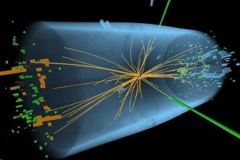 A computer-generated picture of a proton-proton collision within the Large Hadron Collider.