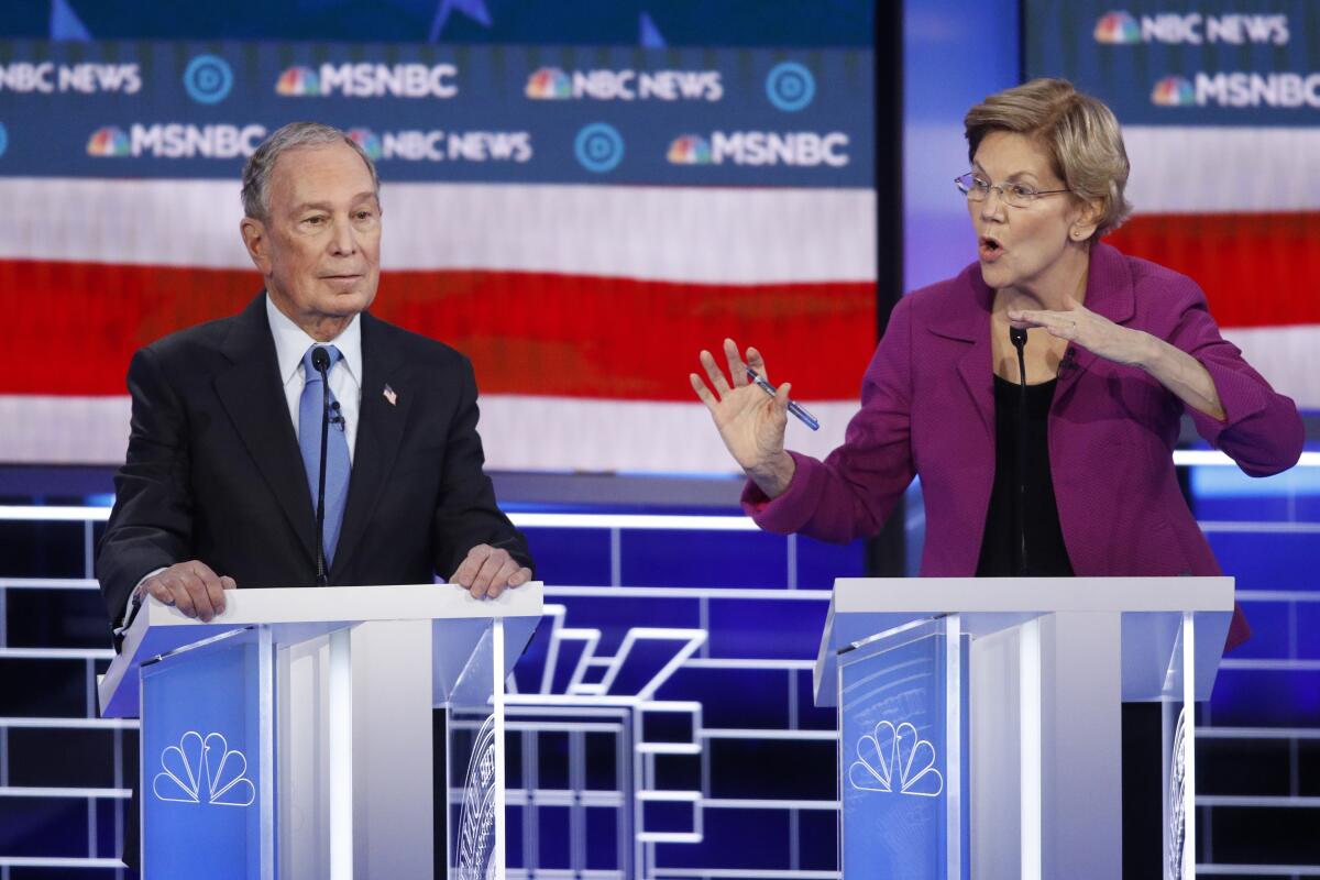 Michael R. Bloomberg and Elizabeth Warren at the Democratic presidential primary debate in Las Vegas.
