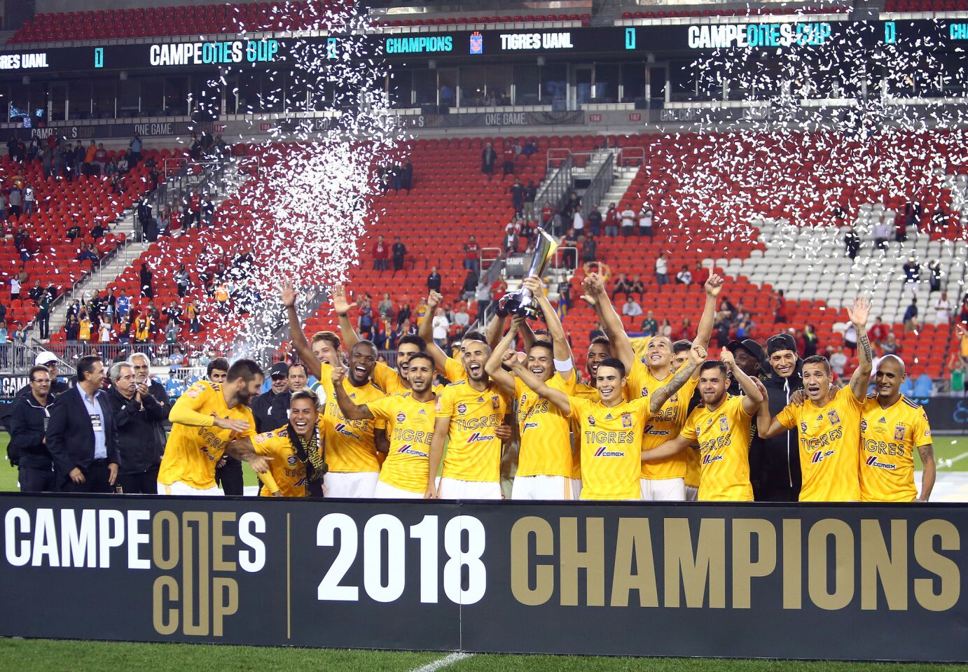 TORONTO, ON - SEPTEMBER 19: Juninho #3 of Tigres UANL lifts the 2018 Campeones Cup Final trophy after victory against Toronto FC at BMO Field on September 19, 2018 in Toronto, Canada. (Photo by Vaughn Ridley/Getty Images) ** OUTS - ELSENT, FPG, CM - OUTS * NM, PH, VA if sourced by CT, LA or MoD **