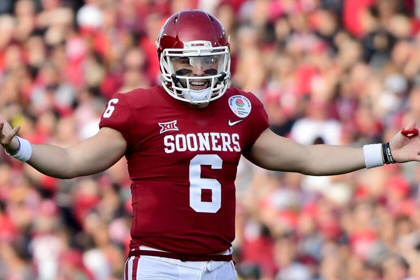 PASADENA, CA - JANUARY 01: Baker Mayfield #6 of the Oklahoma Sooners reacts after there is no penalty call on a pass during the second quarter in the 2018 College Football Playoff Semifinal Game against the Georgia Bulldogs at the Rose Bowl Game presented by Northwestern Mutual at the Rose Bowl on January 1, 2018 in Pasadena, California. (Photo by Harry How/Getty Images) ** OUTS - ELSENT, FPG, CM - OUTS * NM, PH, VA if sourced by CT, LA or MoD **
