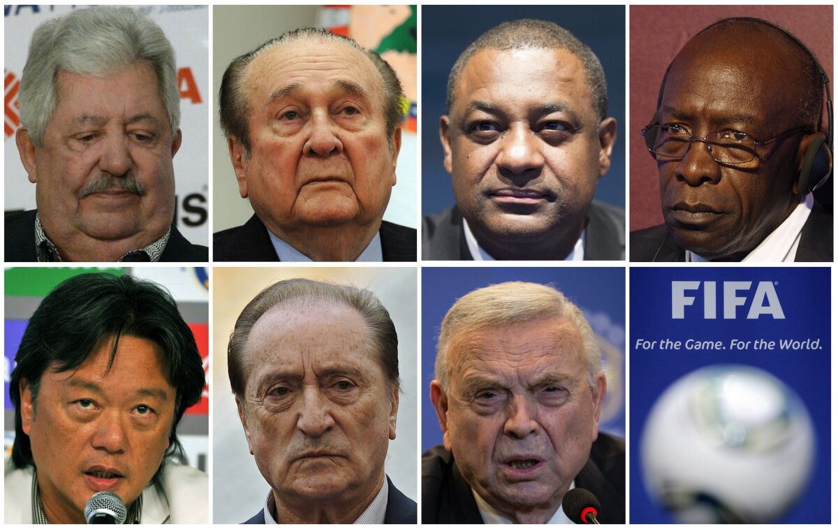 A total of 14 individuals connected to FIFA were indicted on corruption charges on May 27, 2015, as part of an ongoing federal investigation. FIFA officials (left to right, starting at top) Rafael Esquivel, Nicolas Leoz, Jeffrey Webb, Jack Warner, Eduardo Li, Eugenio Figueredo and Jose Maria Marin were among those charged. FIFA President Sepp Blatter was not among those indicted.