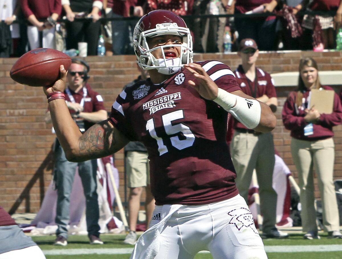 Mississippi State quarterback Dak Prescott had five touchdowns, threw for 259 yards and rushed for 77 more during a 48-31 victory Saturday over Texas A&M.