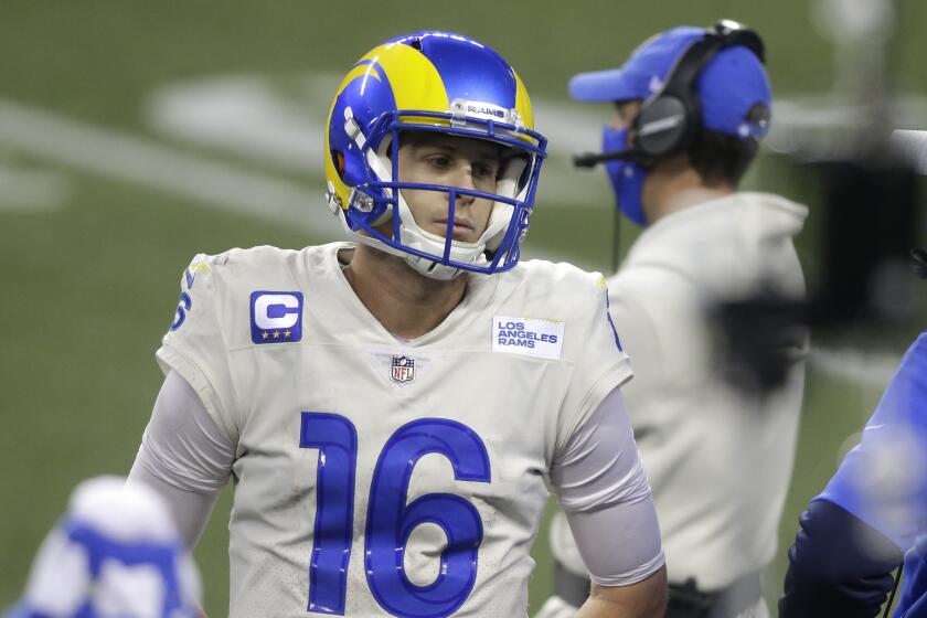 Los Angeles Rams quarterback Jared Goff (16) reacts on the sideline late in the second half.