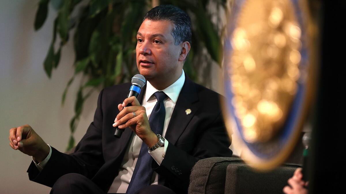 California Secretary of State Alex Padilla speaks during a news conference in San Francisco, Calif. in 2018.