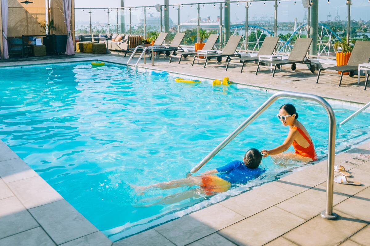 The rooftop pool at Hyatt Centric the Pike Long Beach offers ocean views.