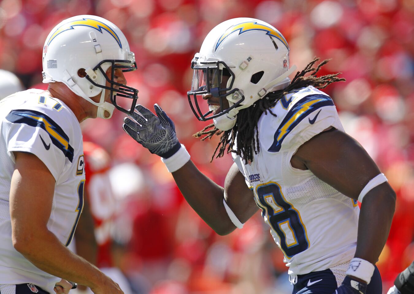 San Diego Chargers Melvin Gordon celebrates a 2nd quarter touchdown with Philip Rivers against the Kansas City Chiefs on Sept. 11, 2016.