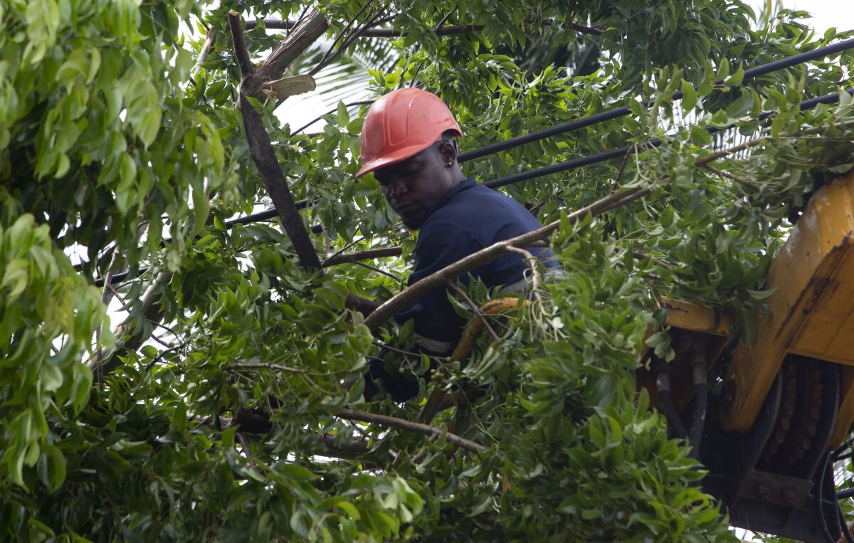 An electric company worker mounted on a crane uses a machete to cut away tree branches felled on power lines in the wake of Hurricane Ian in Havana, Cuba, Wednesday, Sept. 28, 2022. Cuba remained in the dark early Wednesday after Ian knocked out its power grid and devastated some of the country's most important tobacco farms when it hit the island's western tip as a major storm. (AP Photo/Ismael Francisco)